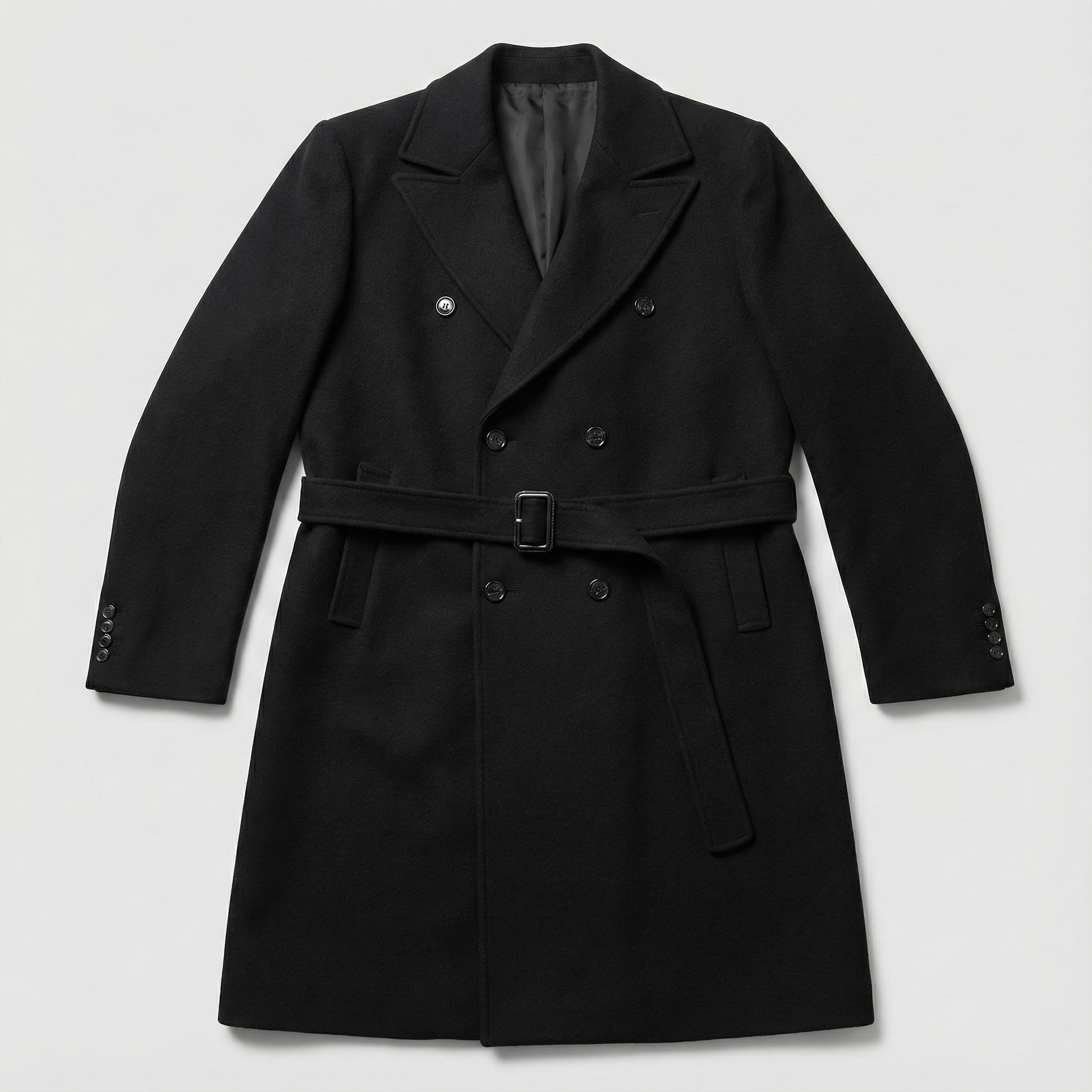 BLACK DOUBLE-BREASTED WOOL OVERCOAT