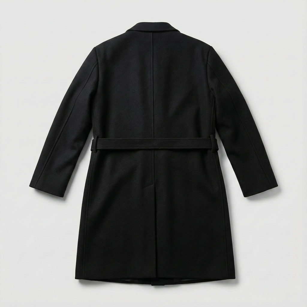 BLACK DOUBLE-BREASTED WOOL OVERCOAT