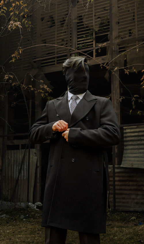 BLACK DOUBLE-BREASTED WOOL OVERCOAT